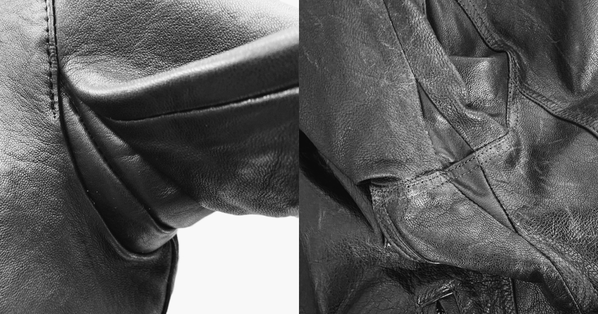 左は脇下にアクションプリーツを追加したライダースジャケット、右はアームホールを拡張してマチを追加した脇下のディテール（モノクロ）