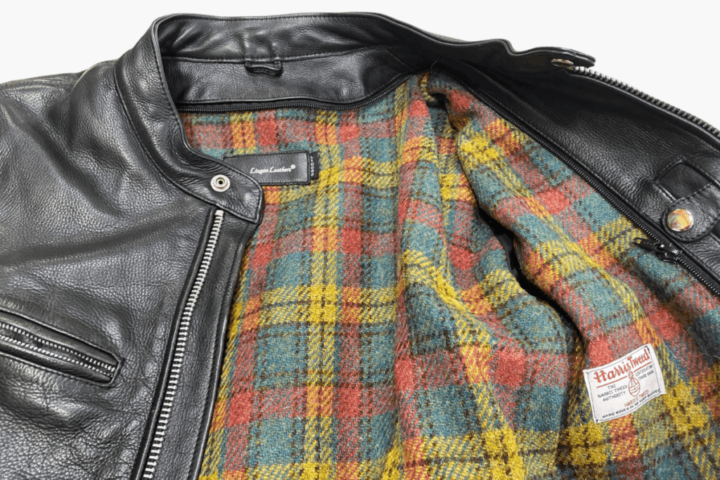 カラフルなチェック柄ハリスツイードに交換された裏地