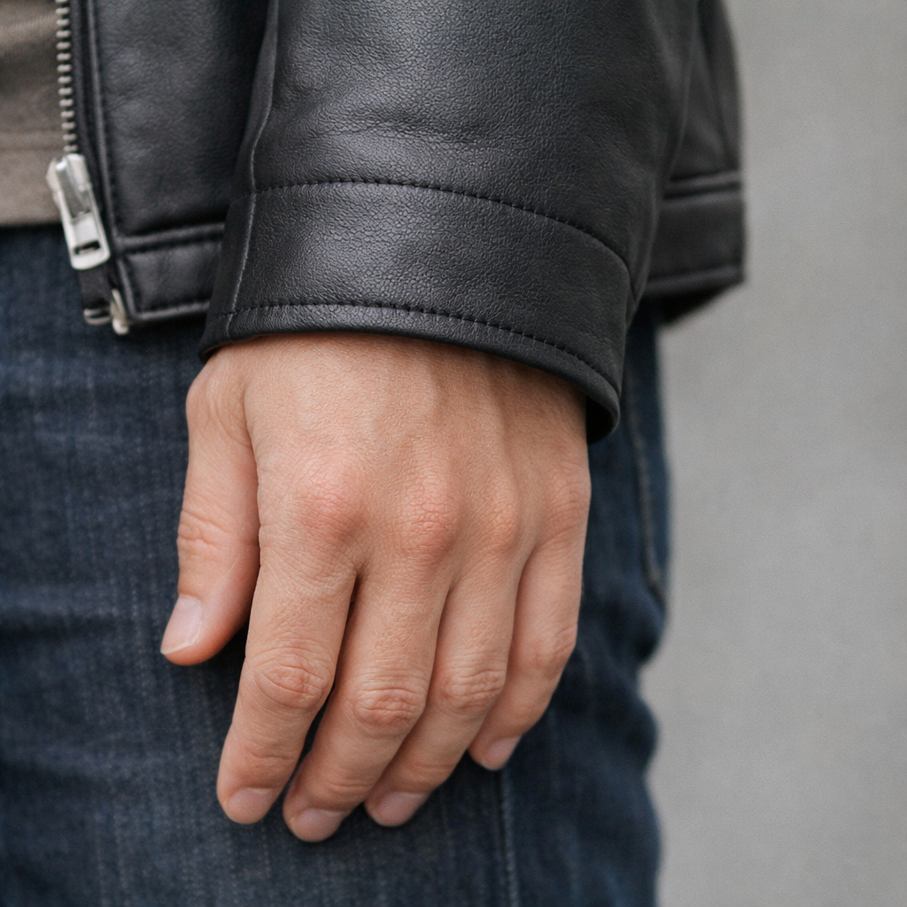 レザージャケットの袖丈が手首を隠し、親指付け根との中間に収まっている理想的な長さの手元