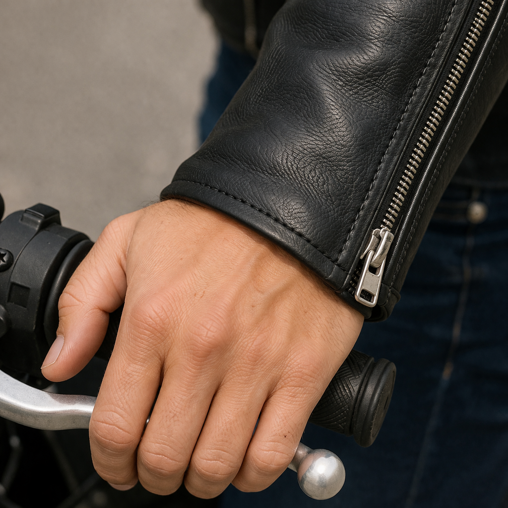 バイクのハンドルを握った状態で、レザージャケットの袖丈が手首と親指付け根の中間に来ている状態