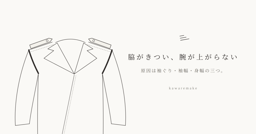 ジャケットの線画。腕の付け根の袖ぐりの曲線を太い線で示している